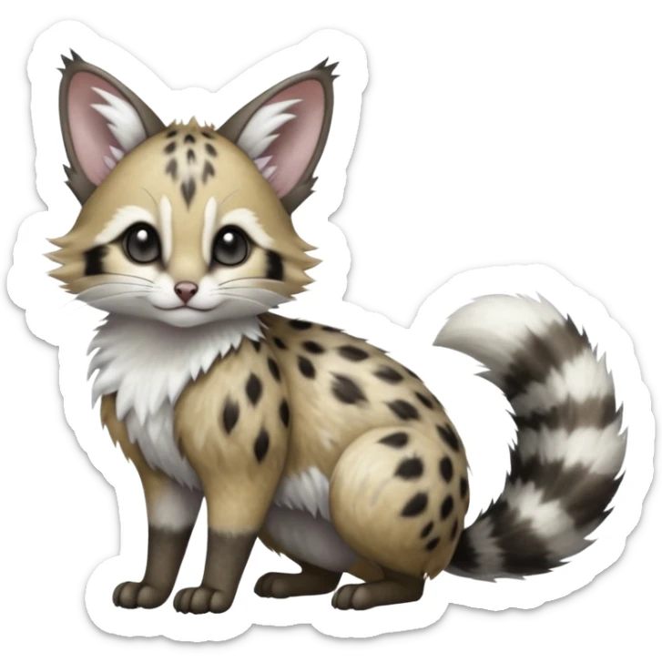 stormcell charcoal fur crackling with silver frost-veins and ghost-dust sheen Hyper-realistic beautiful elegant pretty precious cute  Fakémon-Pokémon-opossum-feline-serval-caracal-chinchilla-Furret-Minccino-hybrid-creature with a big fluffy bushy tail (full body) sticker