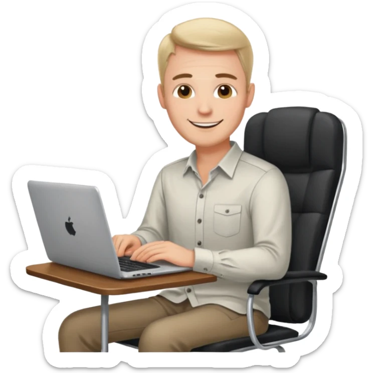 Rich man working setting on a chair in shirt and near the table with laptop he is german very beautiful looks like sticker