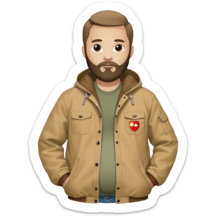 Bearded man with pregnant belly poking out of shirt wearing a tan canvas carhartt jacket next to chinese flag sticker