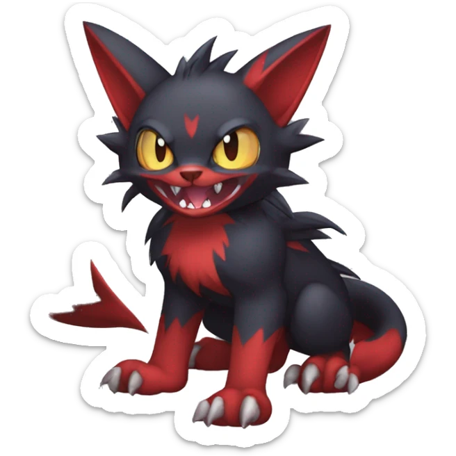   cool cute fantasy anime dark animal vampiric Litten-Zoroark-Nargacuga-cat-hybrid Fakemon with big fangs and bat-ears full body sticker