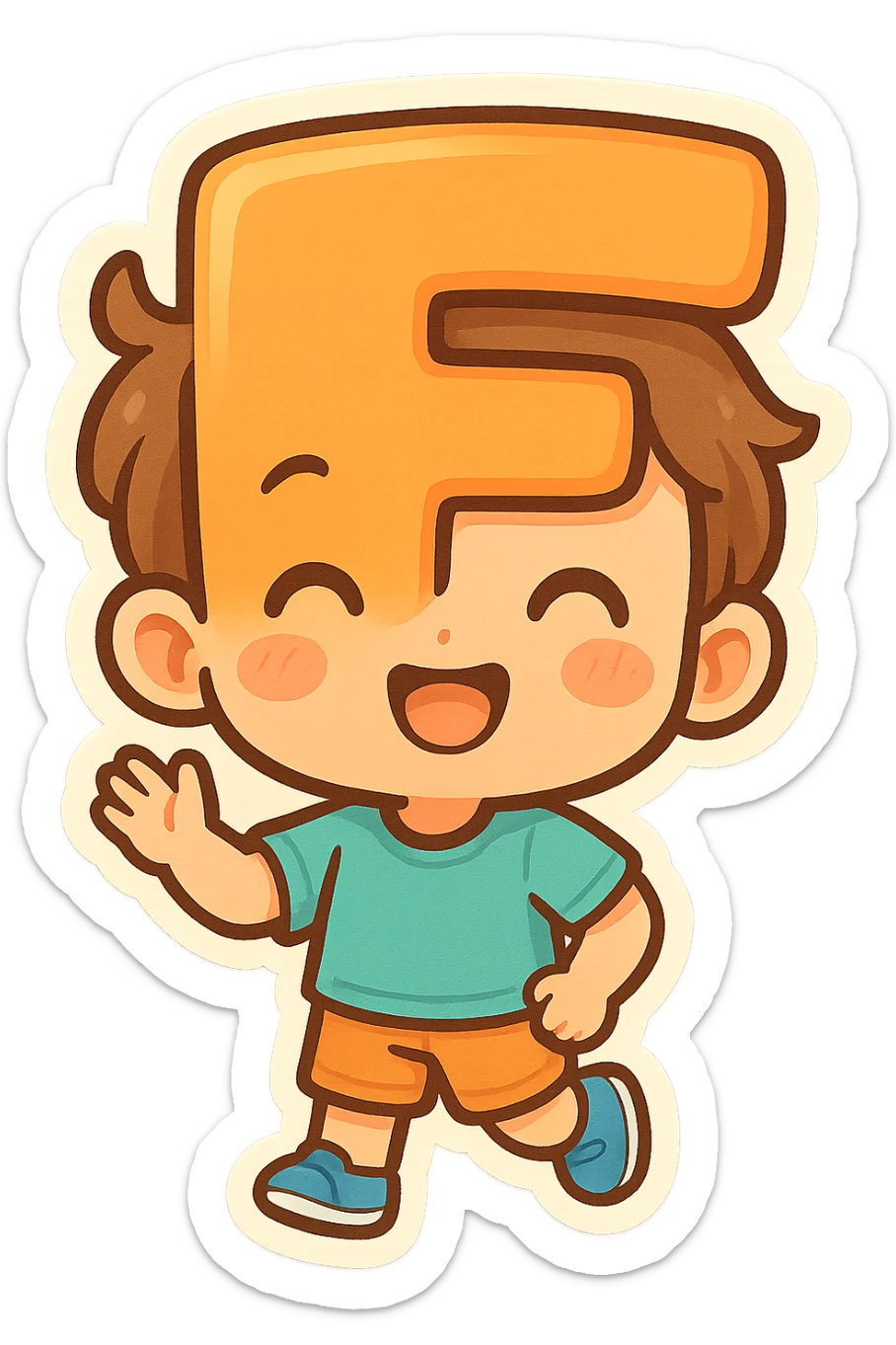 a cartoon kid with a head that is the letter F, expressive and cute, colorful, playful, friendly sticker