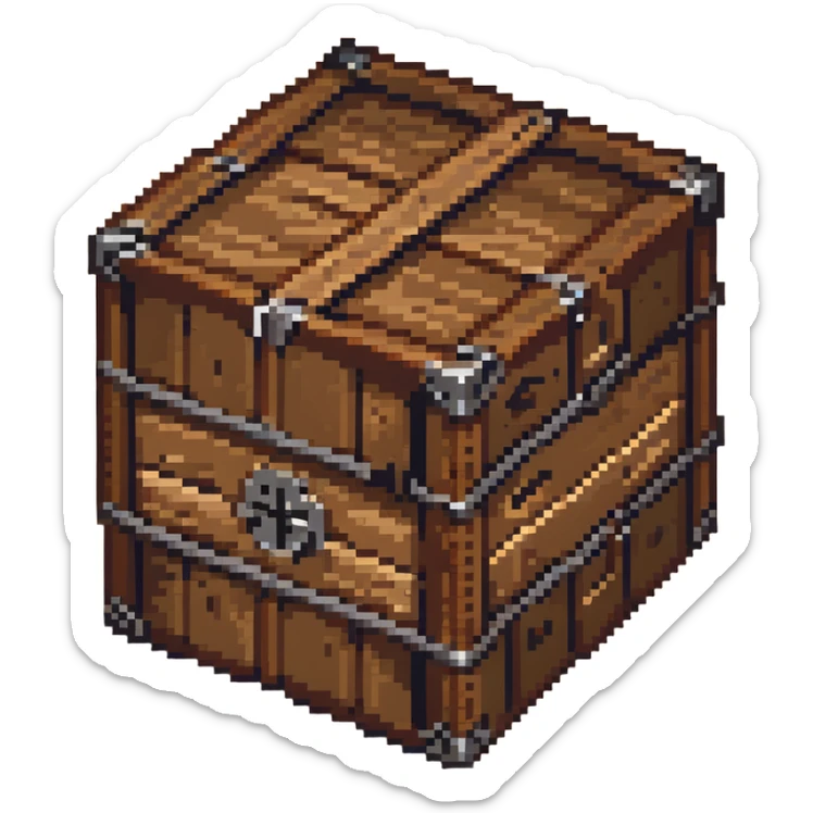 Wooden crate with metal reinforcements, color #c2410c with darker wood grain, visible wood grain texture, metal bands across the crate, slight 3D effect with shading, breakable appearance, small warning symbol, 32x32 pixels sticker