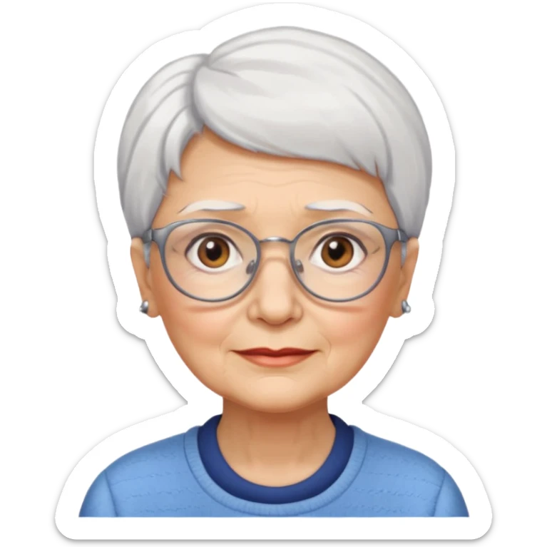 Create me emoji of an old lady. Short white hair to left side. Square glasses. Brown eyes. Rounded bigger face sticker
