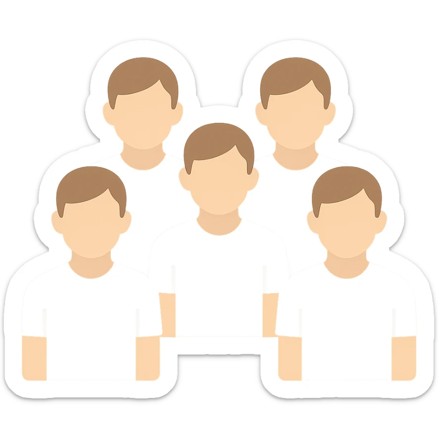 group of 6 men, all with white skin tone, all wearing white shirts, standing together sticker