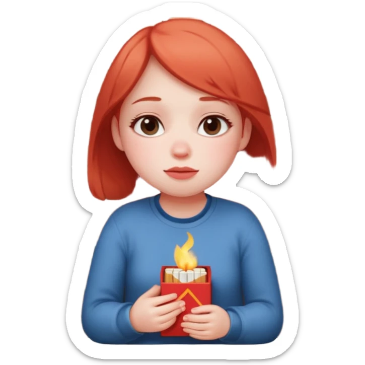 A fragile girl sitting beside a wall, clutching a box of matches, lighting one to warm her cold rosy cheeks.
 sticker