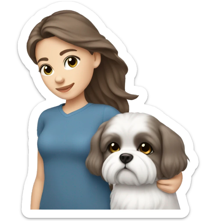 Brown hair girl with blue eyes holding grey shih ztu sticker