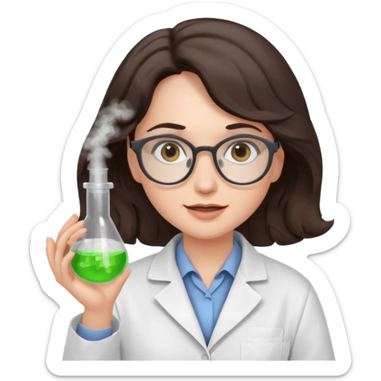 A crazy female scientist, with wavy dark brown hair, brown eyes and grey glasses and pale skin  sticker