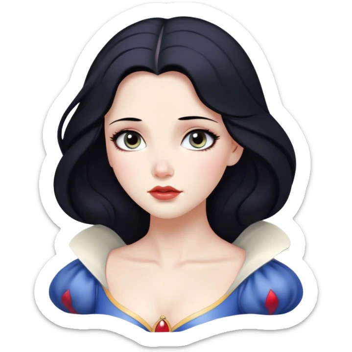 Cinematic Serene Snow White Portrait Emoji, rendered in a simplified vector style. Depict a gentle Snow White (chest and above) with flawless porcelain skin and flowing raven hair, her kind eyes and calm expression exuding a quiet, enchanting charm. The image glows softly with an inviting, pure light and is outlined with a subtle glow. sticker