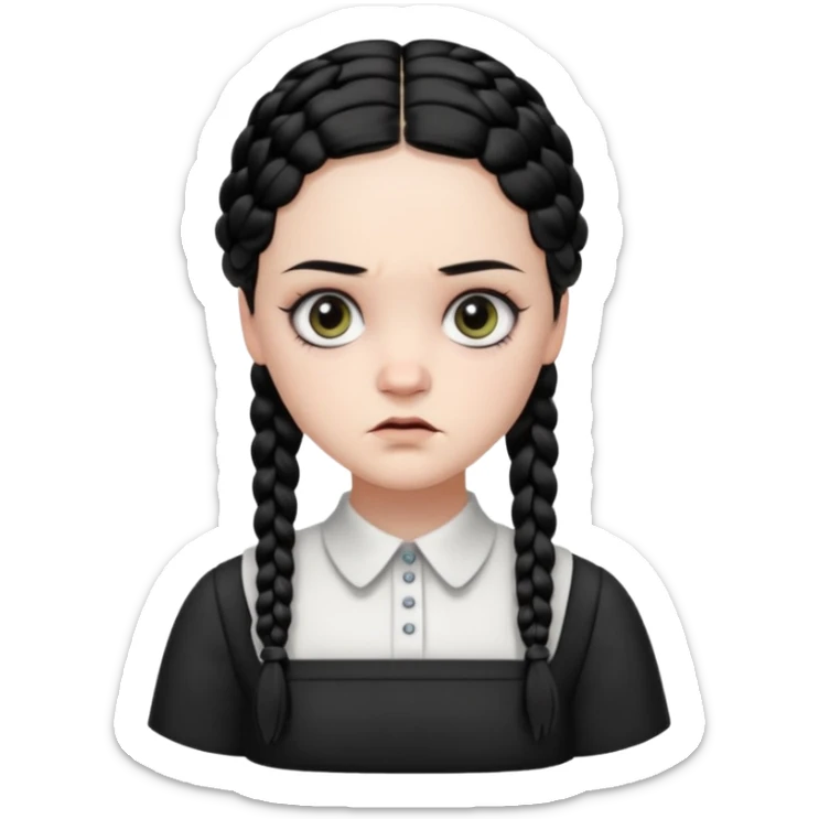 Draw Wednesday Addams with pale skin, black braids, white-collared dress & serious expression. sticker