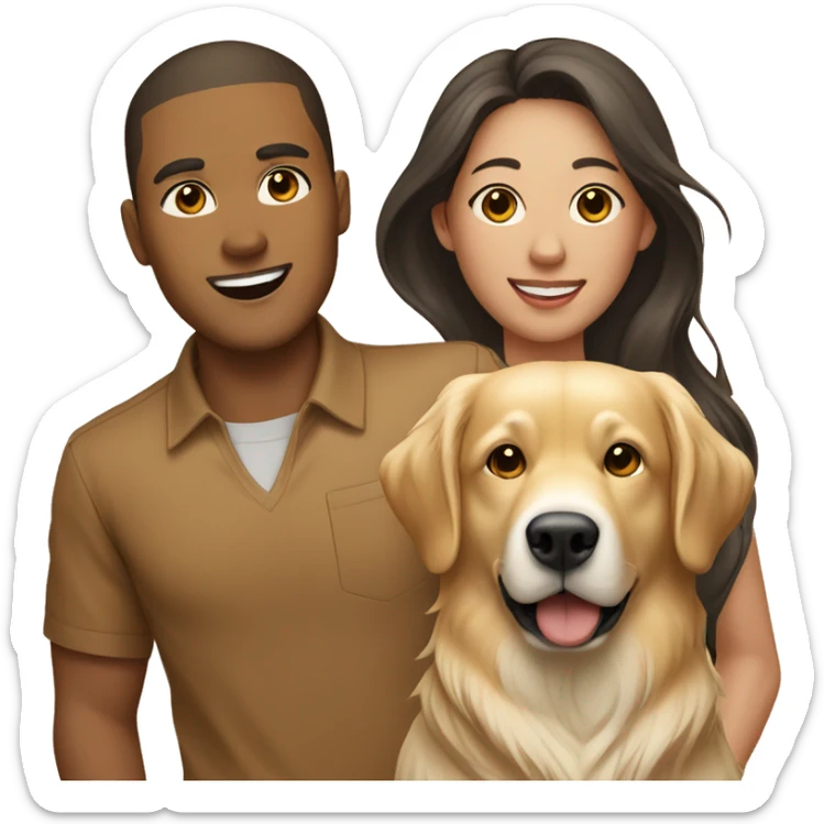 Light brown skin male next to an Asian female with a golden retriever in the middle  sticker