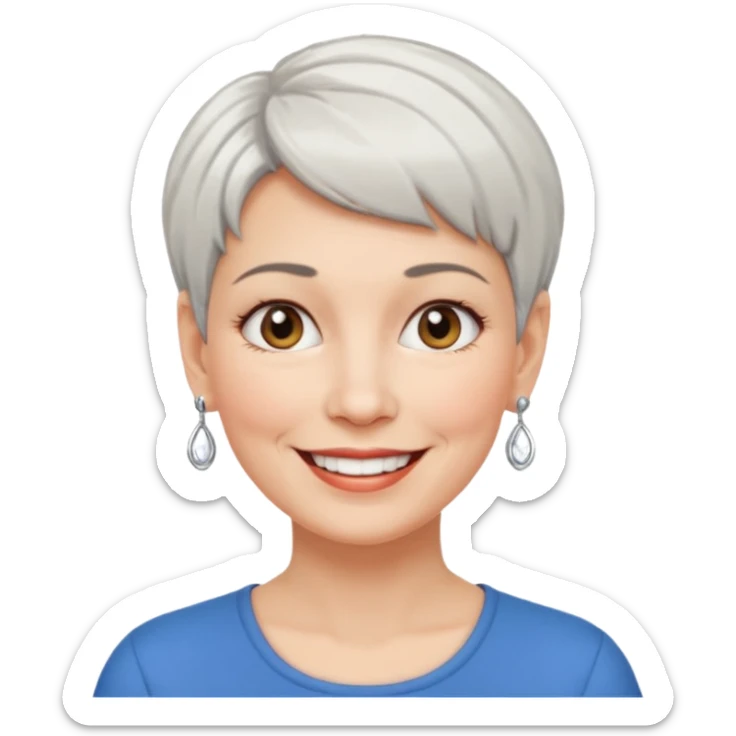 smiling middle-aged woman, short hair, white skin, small earrings, expressive personality sticker