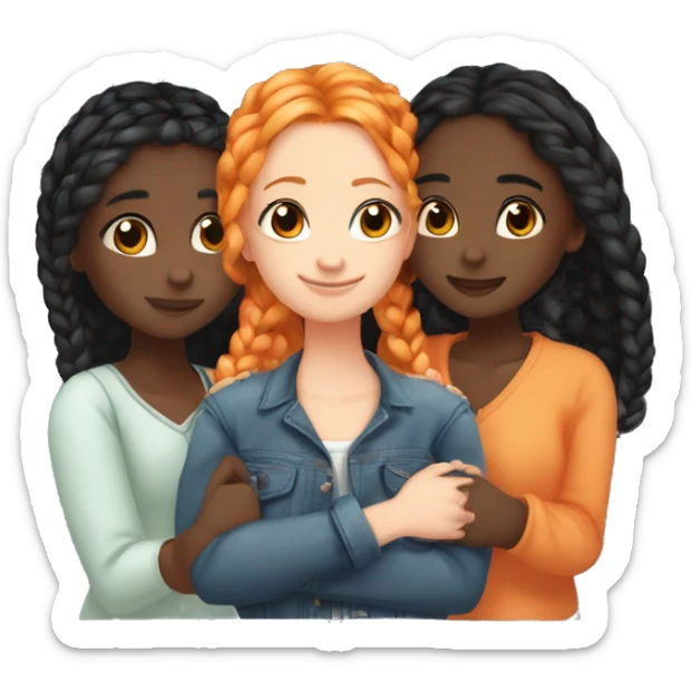 Four girls hugging one blonde one orange hair one black hair with braids and dark skin and lastly one with black hair sticker