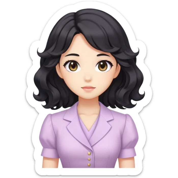 Confident kawaii anime businesswoman with beautiful black wavy hair wearing a soft feminine pastel dress, future boss lady sticker