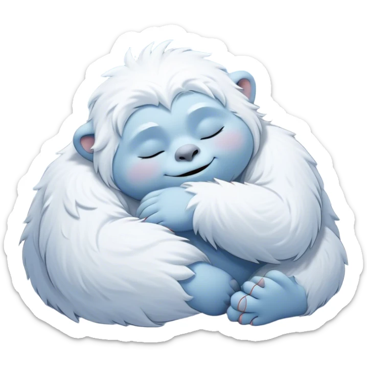 Meme-Worthy Cute Sleeping Yeti Portrait Emoji, with a charming, fluffy, snow-dusted figure in gentle whites and cool blues, head resting in blissful, serene slumber with closed, peaceful eyes and a small, contented smile, simplified yet irresistibly adorable, highly detailed with a soft frosty outline that captures the tender drowsiness of a yeti drifting into snowy dreams! sticker