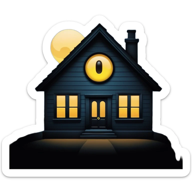 Minimalist emoji-style sticker of a house silhouette at night with a single lit window, and an eye visible inside. Flat, dark, quiet style.
 sticker