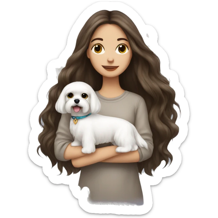 Brunette girl long hair holding a white  Maltese dog sticker