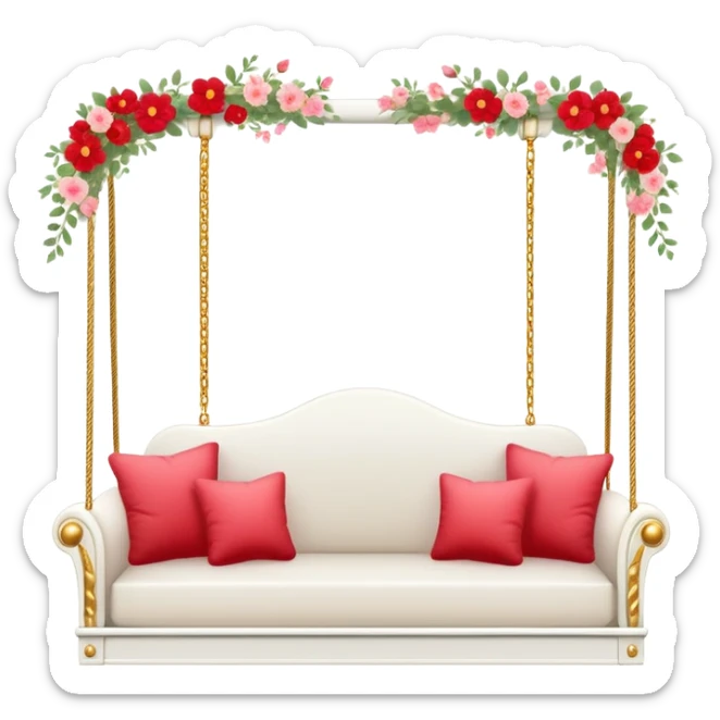 Romantic white wooden pastel-red cushions couch-swing with tiny gold flowers around sticker