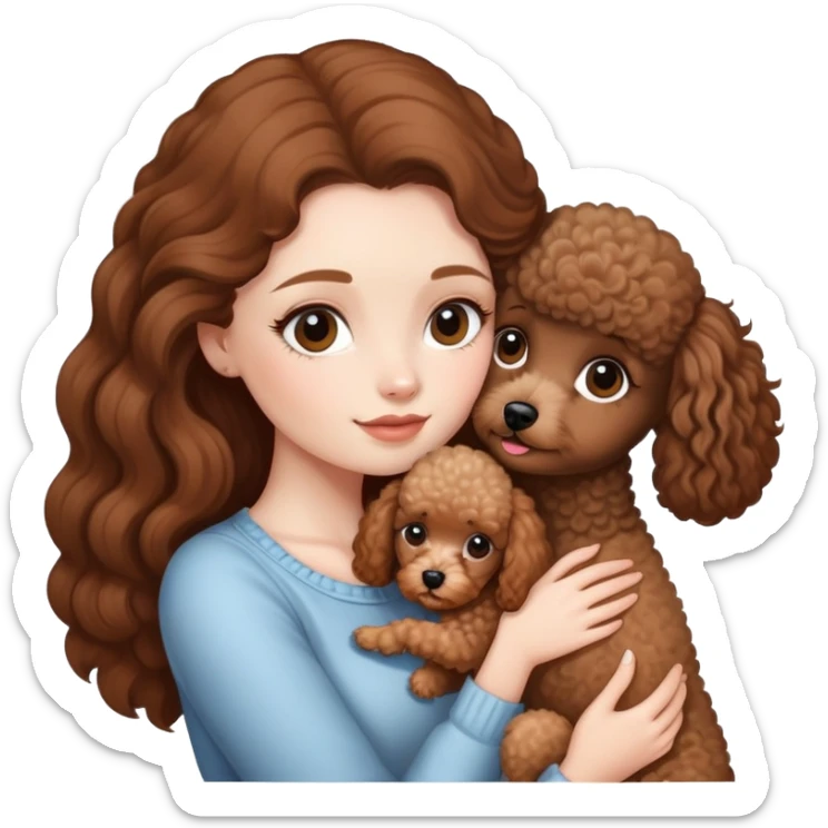 A white skinned girl with long brown hair tightly embraces a mini poodle sticker