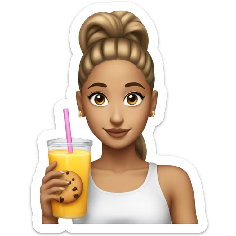 ariana grande with a high ponytail holding a glass of juice and a cookie  sticker
