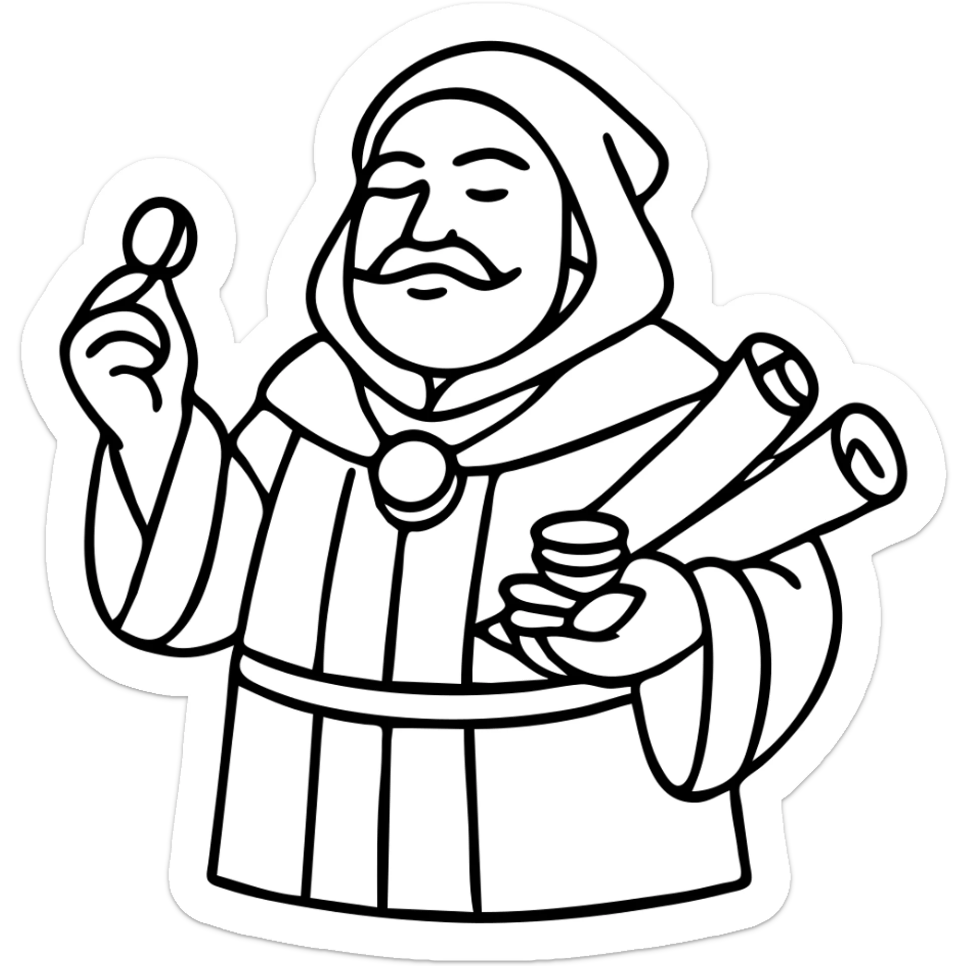 Wealthy fantasy merchant lord in red robes counting gold coins. DnD style character with scrolls of business contracts. sticker