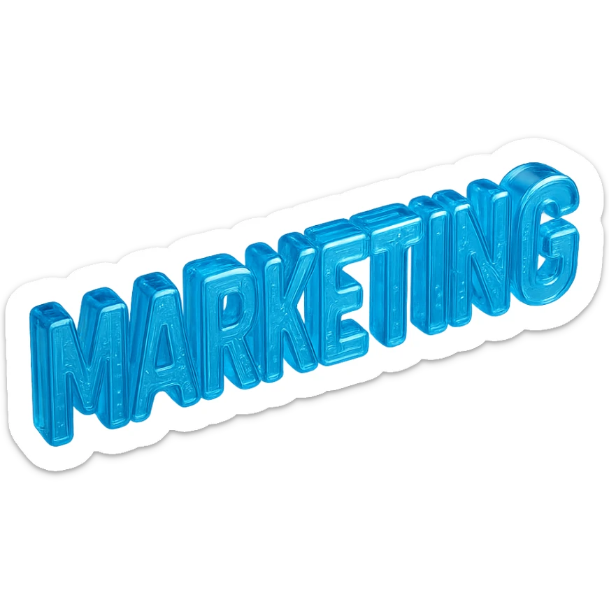 The word "MARKETING", cyan blue sticker