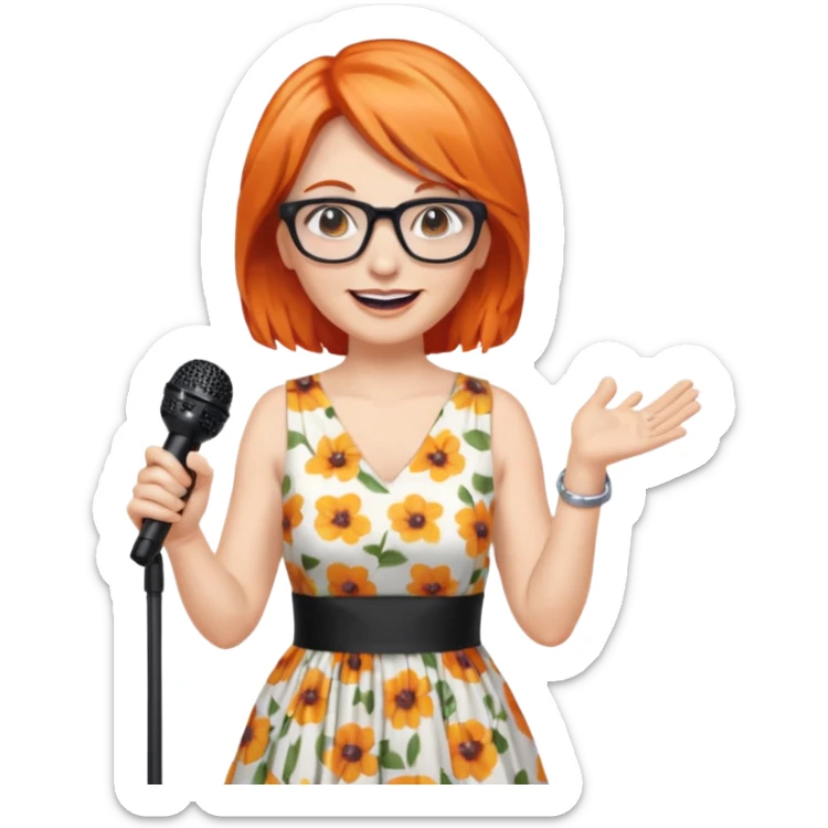 singer, Middle age, orange hair, happy, holding mic, wearing dress, glasses sticker
