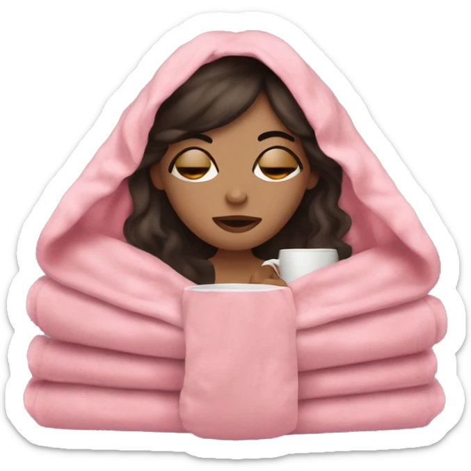 white girl dark hair inside a pink blanket sipping coffee eyes closed sticker