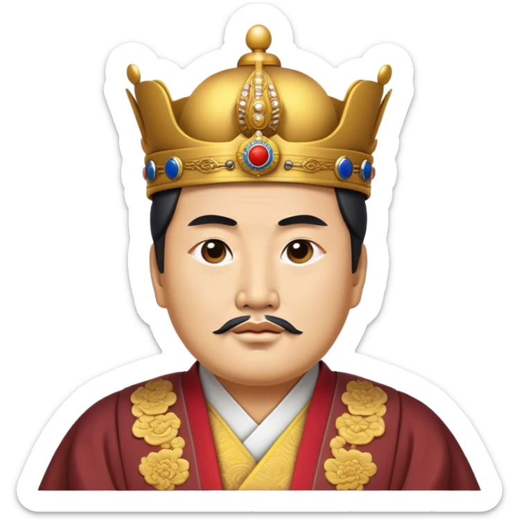 Cinematic Realistic King Sejong Portrait Emoji, depicted as a wise benevolent monarch in traditional Korean royal attire with a thoughtful gaze, rendered with intricate textures and regal soft lighting that captures his historical significance. sticker