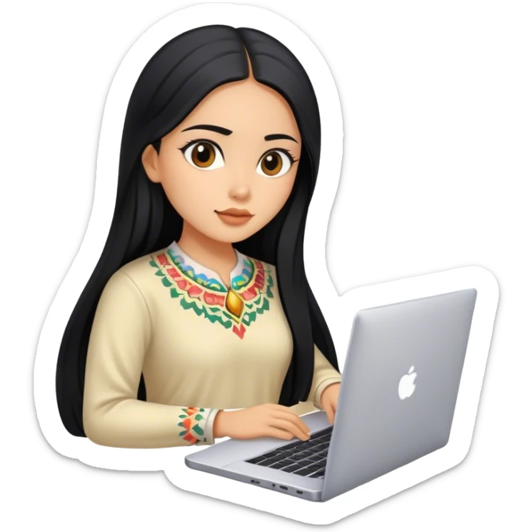 beautiful girl, with long straight black hair, mexican, honey skin, with laptop, up sticker