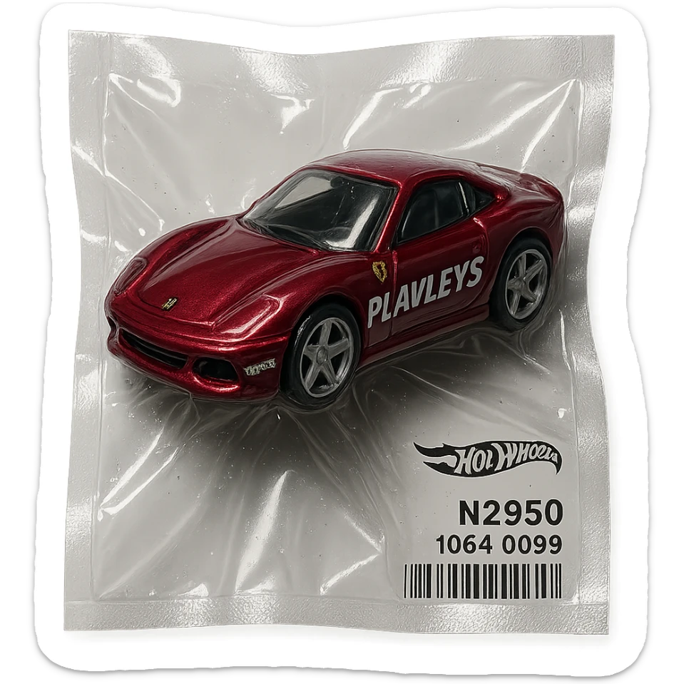 burgundy Hot Wheels Ferrari toy car with 'PLAVLEYS' lettering on the body, shiny and inflated, vacuum-sealed style sticker