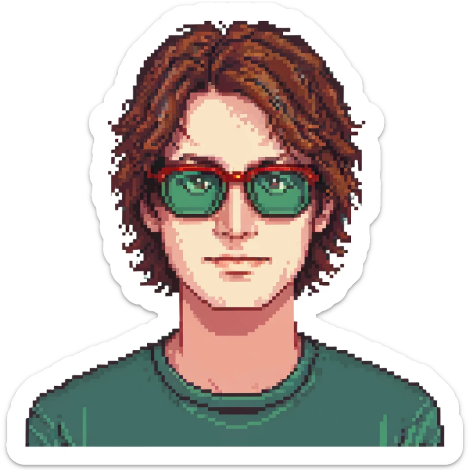 face of a man with a lot of brown hair and red glasses sticker
