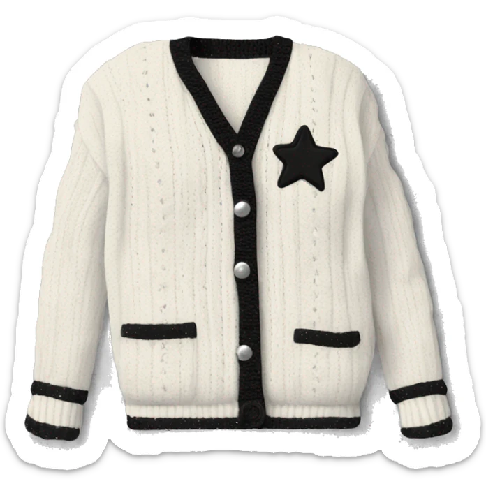 A white cable-knit cardigan with black trim and silver stars. The cardigan has a v-neck, long sleeves, and buttons down the front. There is an embroidered "folklore" patch in the upper right corner.  sticker