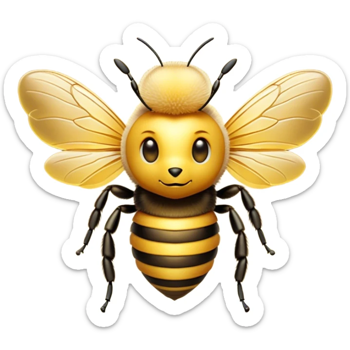 Cinematic Noble Bee Portrait Emoji, Poised and industrious, with a compact, fuzzy body in golden-yellow hues, delicate translucent wings, and a gentle, determined expression with focused eyes, Simplified yet sharp and sophisticated features, highly detailed, glowing with a soft, sunny radiance, high shine, intelligent and diligent, stylized with an air of natural elegance, focused and alert, soft glowing outline, capturing the essence of a watchful and confident bee that appears ready to buzz out of the screen with effortless authority! sticker