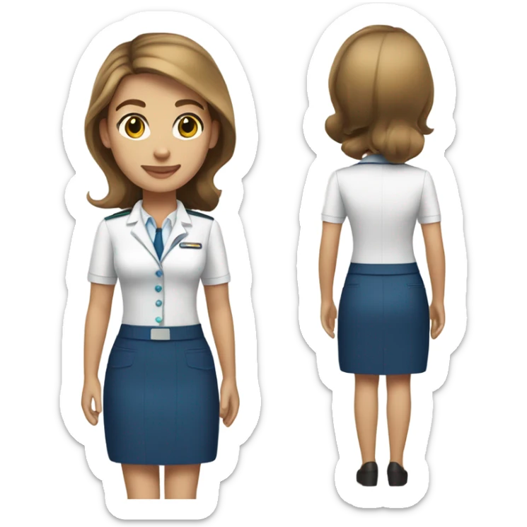 flight attendant wearing blue skirt white shirt brown hair light skin  sticker