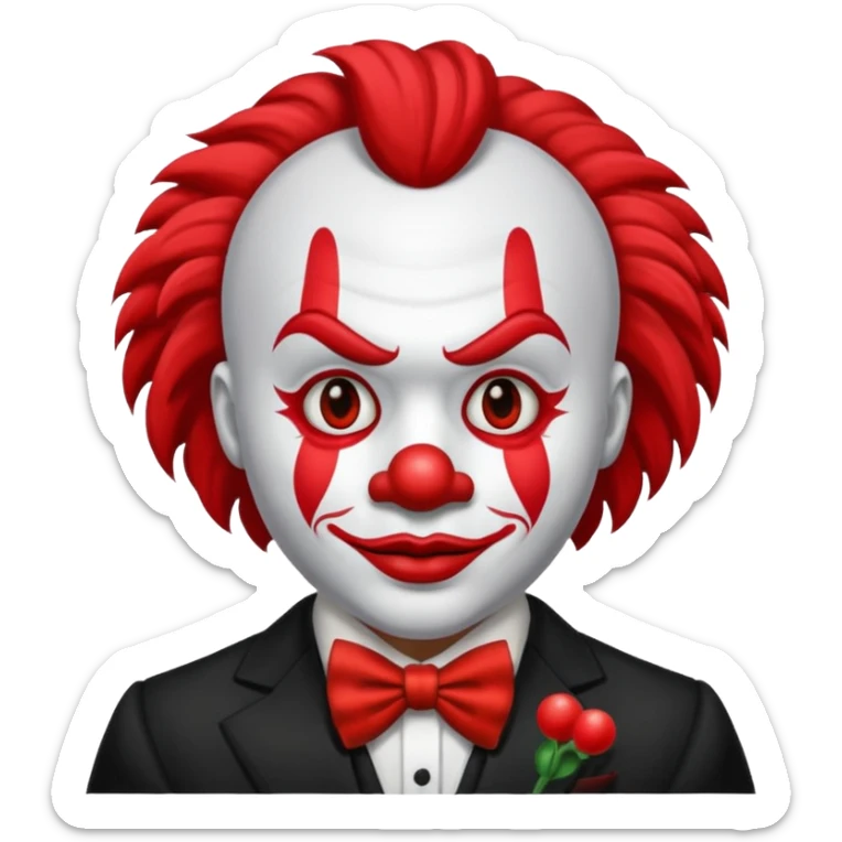 Crea un payaso que tenga toda la cara absolutamente toda la cara blanca, junto con la parte del pelo que sea blanco, pero que no tenga pelo con unos cuernos negros y que tengo un traje de payaso negro con rojo sticker