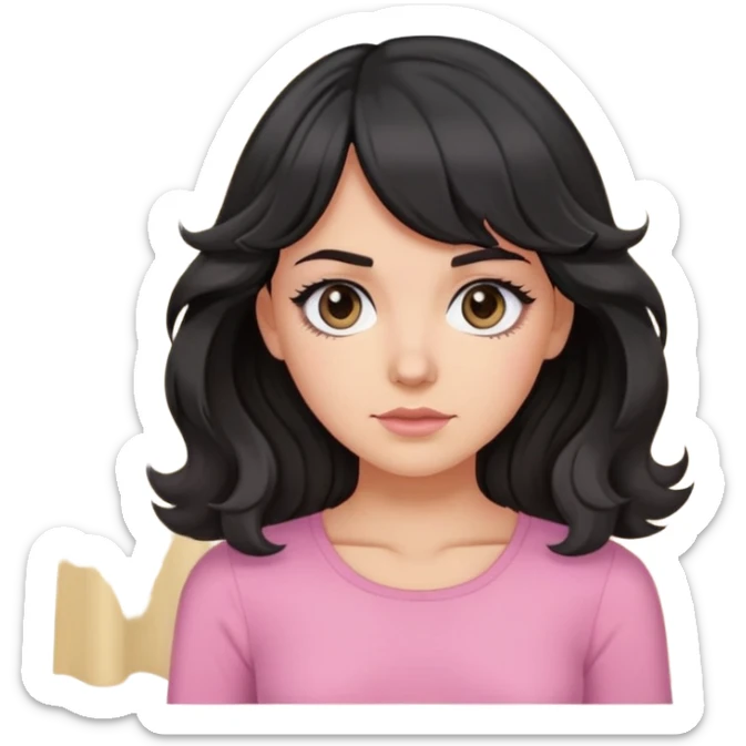 White girl with chest length black wavy hair with curtain bangs, gray eyes, wearing a pink top sticker