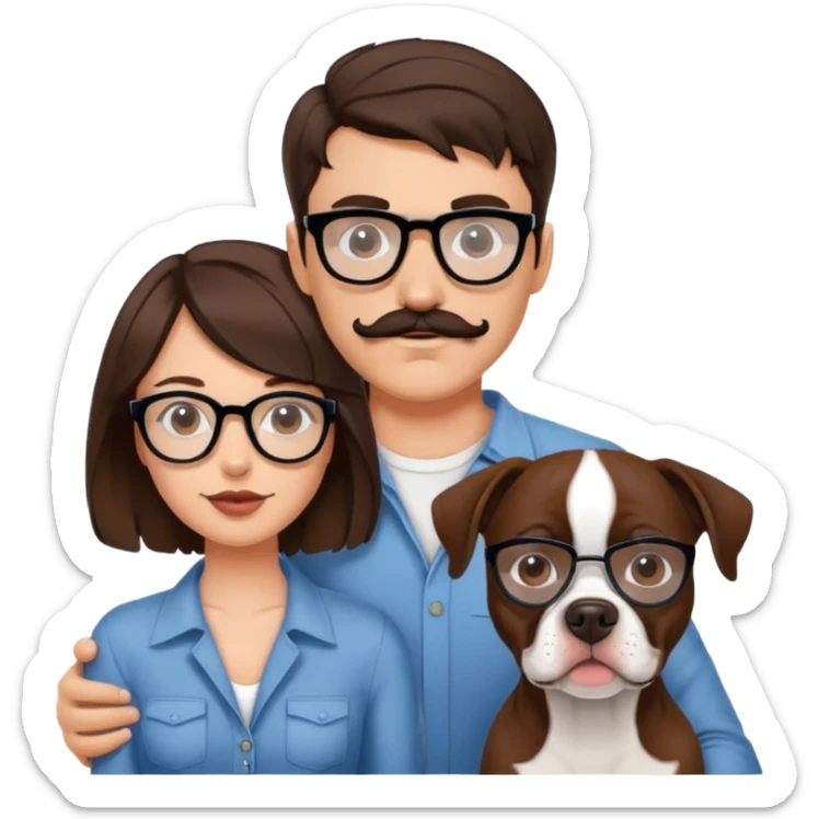 young couple wavy hair brunette man w wire glasses and mustache and brunette girl with bob and a brown pitbull boston terrier  sticker