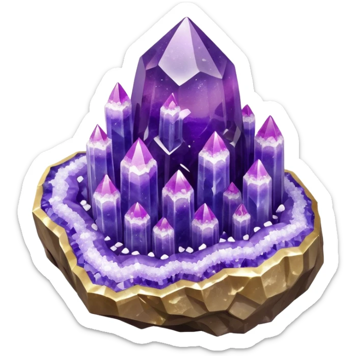 3D render of Rock Candy Geode, made entirely of dessert materials, glistening sugar crystal texture, sjagged translucent purple sugar crystals, delicious confectionery aesthetic, Apple emoji style, isolated on white background --v 6.0. sticker