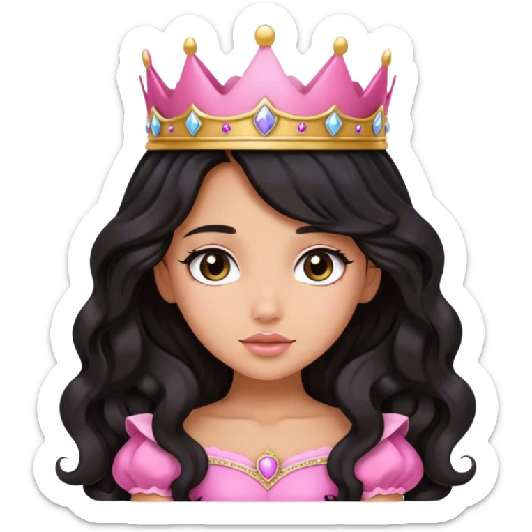 Very very very tanned skin princess, with long black wavy hair and crown and an pink princess outfit with a cute pose with face leaned on her hands sticker