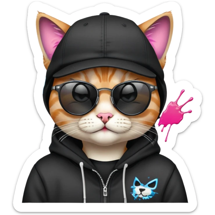 cat wearing a black snapback cap and black hoodie, with black sunglasses positioned low on his nose, winking one eye while looking directly at the viewer over the top of his sunglasses with a mischievous expression, doing graffiti with spray paint sticker