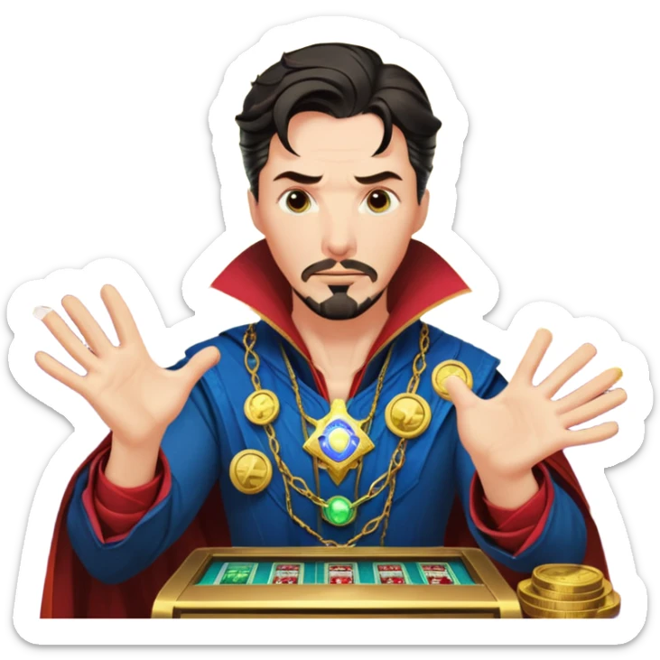 disheveled Doctor Strange losing money at a slot machine, panicked face, coins flying sticker