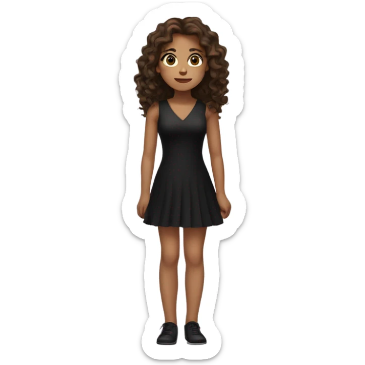 a girl with brown eyes and brown long wavy hair sitting in a black short dress  sticker
