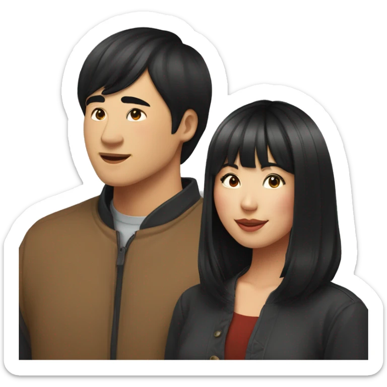 asian woman with black shoulder length hair and bangs kissing asian man with short black hair smiling sticker