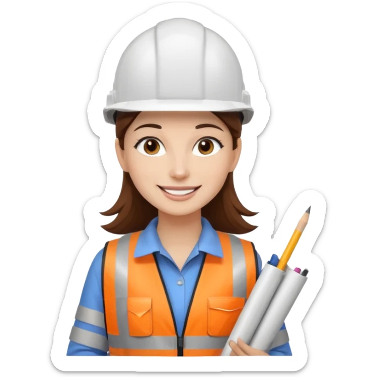 Arquitecta ojos marrones oscuros pestañas pelo marron por los hombros sonrie casco blanco con material de dibujo técnico y chaleco reflectante sticker