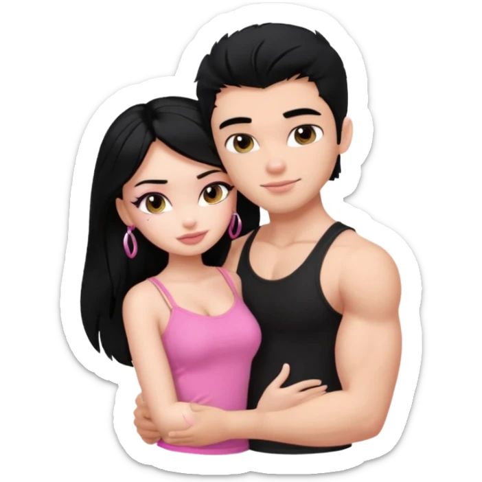 a pretty bratz fair girl. black hair, wearing a pink cami top, she is hugging a handsome fair guy with black hair. lean but muscular.the boy is wearing a black tshirt sticker