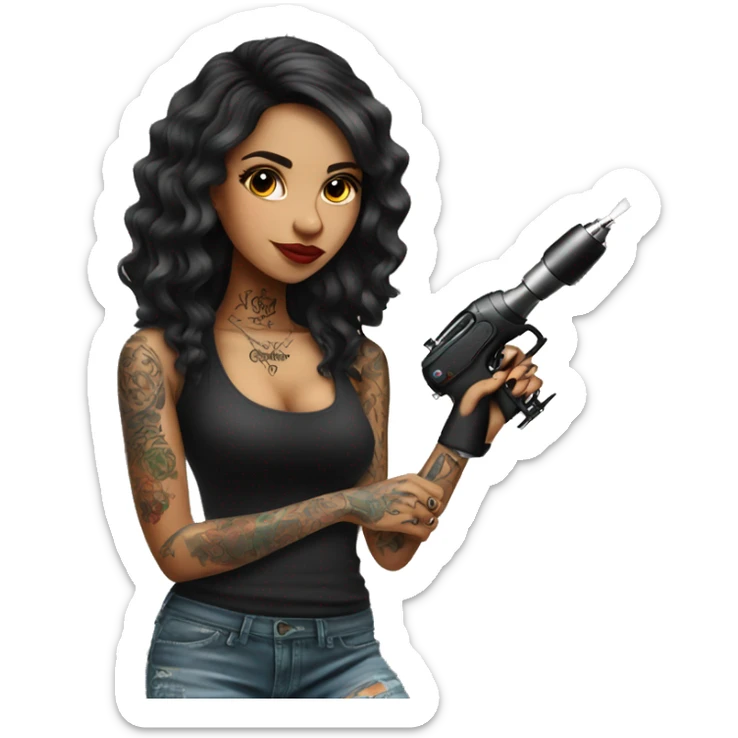 Tattoo artist with tattoo gun. The artist is Hispanic girl  sticker