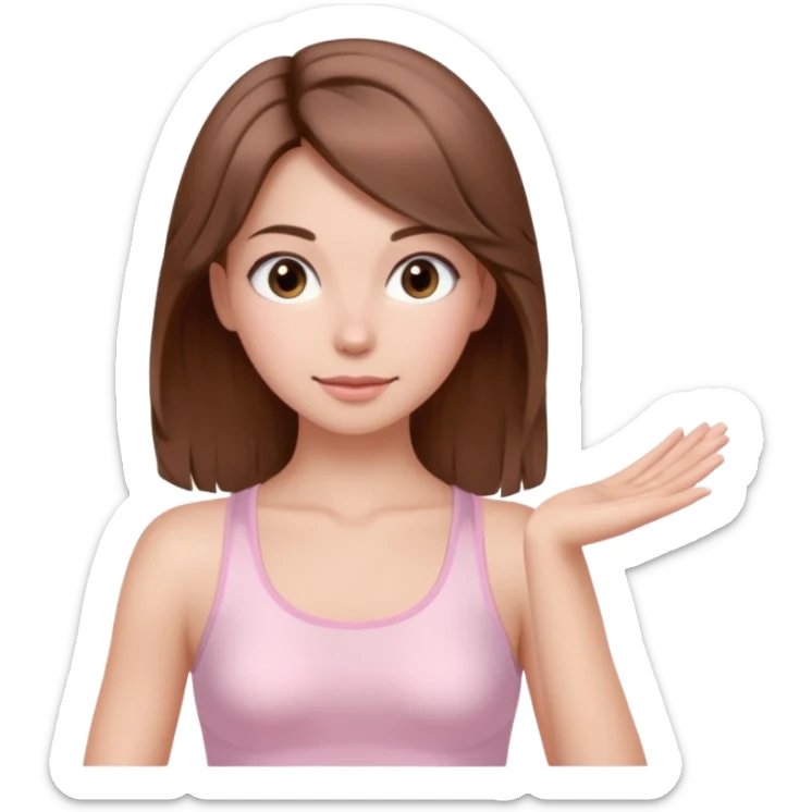 brown hair girl wearing light pink pilates clothes, silk beautiful medium hair and brown eyes sticker