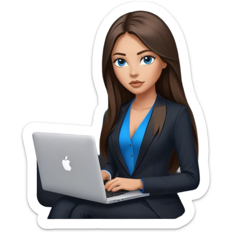 Model tanned beautiful girl with pump nude lips and brunette straight long hair, straight hair parting, blue eyes with MacBook and black, black suit vest, V-neck sticker