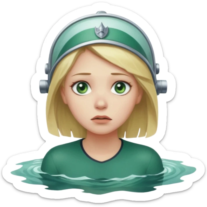 sad depressed weak cs major who is a pretty girl with blond hair and green eyes drowning on ship, very pretty very sad and weak. Near death almost dead drowning. But the pretty girl is like the whole ship and her face is on the helm. sticker