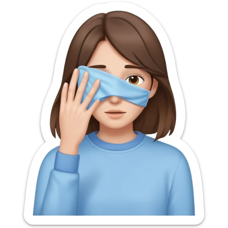 brunette girl with brown hair wearing pastel blue clothes covering her face with her hand sticker